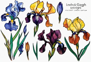 Create a small, colorful geometric Vincent van Gogh Irises tattoo. Pay attention to the graceful flow of the vines and the placement of the irises to achieve a refined and elegant look. tattoo idea