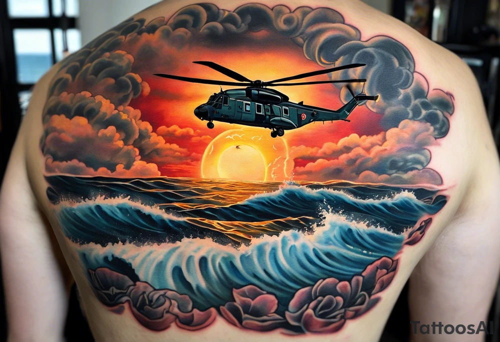 A cinematic-style tattoo depicting a Canadian military CH-148 Cyclone helicopter performing a daring maneuver over a turbulent ocean. The sky should be filled with dramatic clouds, and the sun should be setting, casting long shadows. The helicopter should be the main focus, with intricate details and a sense of motion. In the background, a poppy should be prominently displayed, and a quote from 'Lest We Forget' should be included, black and white tattoo tattoo idea