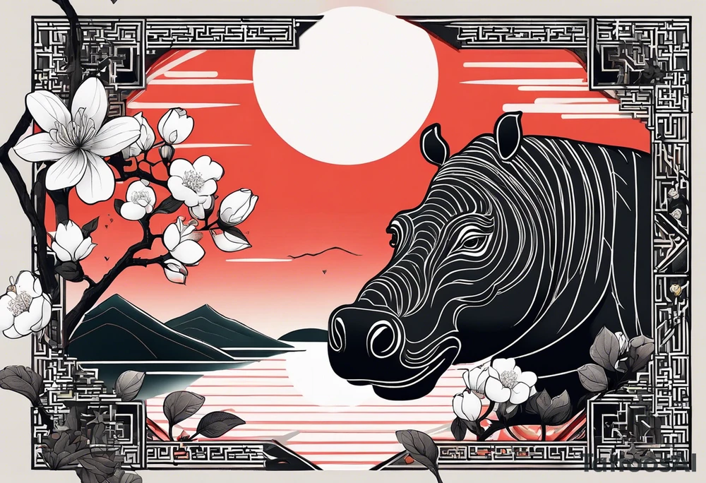 Very asymmetrical, +geometric pattern, with realistic full moon, with seeious looking hippo, +zen feel, + Buddhism touch, +tribal, +geometric, +chinese inkart 
with wintersweet flower bud, +portrait orientation, +inkart touch, tattoo idea