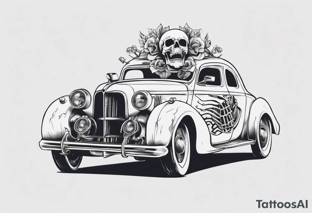 Vintage classic car with skeleton coming from the bonnet tattoo idea Vintage classic car with skeleton coming from the bonnet tattoo idea