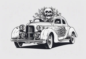 Vintage classic car with skeleton coming from the bonnet tattoo idea