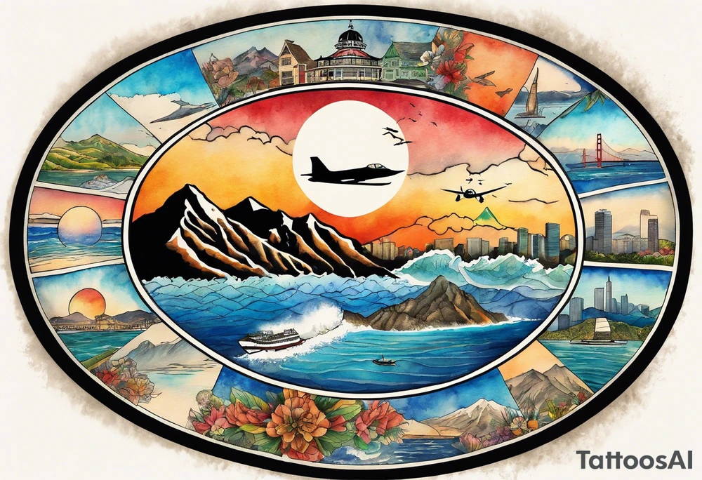 Round Travel collage with San Francisco, mountains, Kansas city skyline and, Jamaican beach all inside a compass rose spilled watercolor and tiny jet plane silhouette and a tiny ski boat in the water tattoo idea