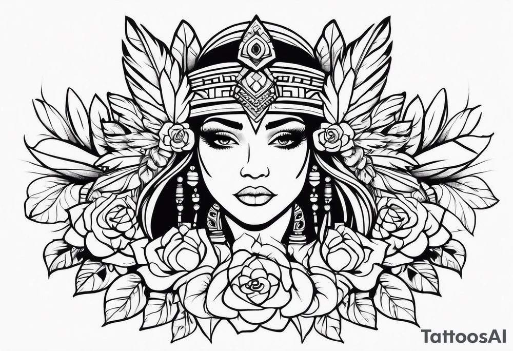 Aztec princess, feather roses tattoo idea