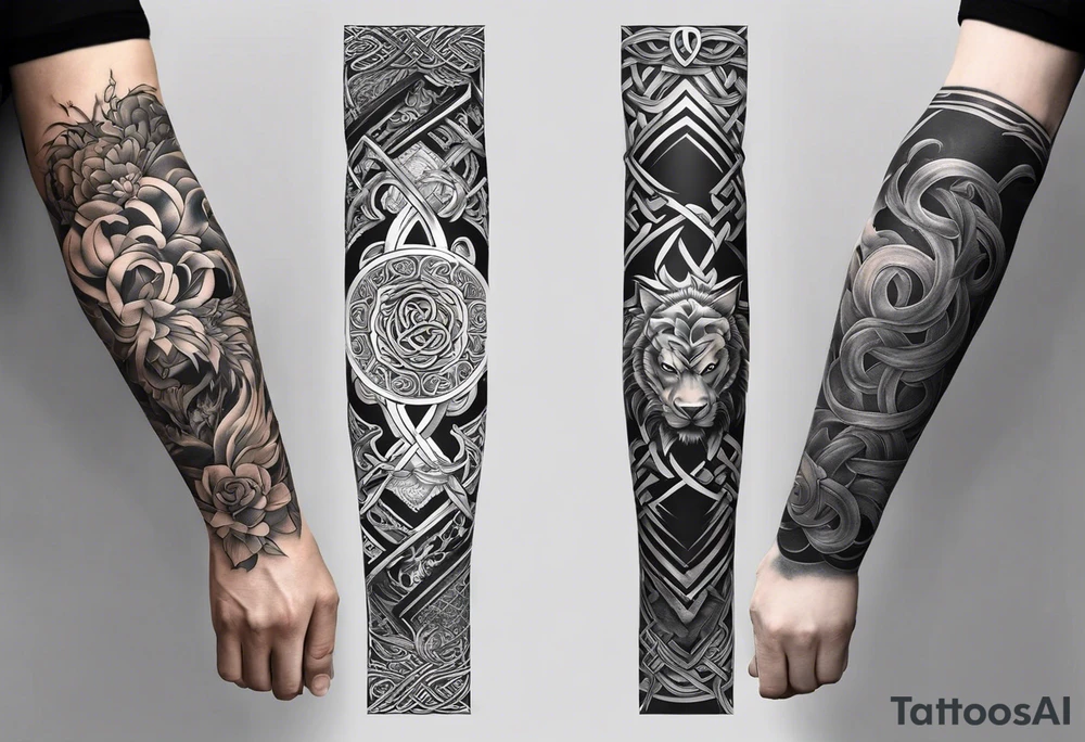 arm sleeve tattoo split into 3 different areas spiraling down the arm. the first area being Based on japanese Mythology. The 2nd one being based on Hindu mythology. and the 3rd one being based on celtic mythology tattoo idea