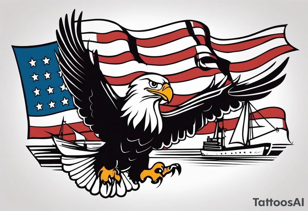 eagle flying in front of ship holding American flag in beak tattoo idea