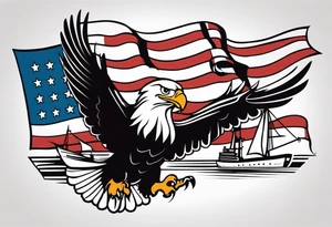 eagle flying in front of ship holding American flag in beak tattoo idea
