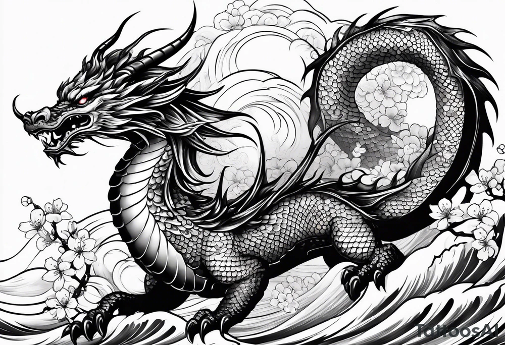 Majestic dragon in waves and cherry blossoms tattoo idea