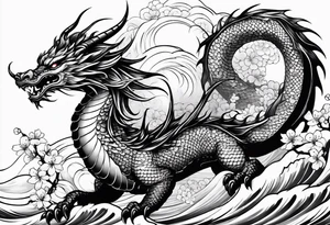 Majestic dragon in waves and cherry blossoms tattoo idea