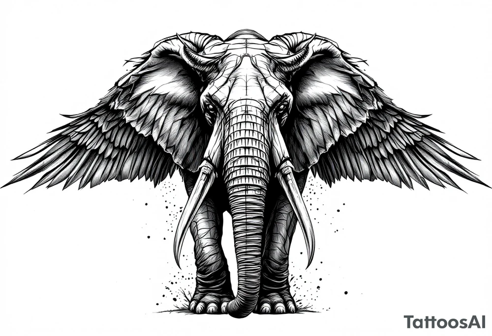 A hieroglyphic, depicting an ancient and gargantuan African elephant with horns protruding from its forehead and wings that resemble that of a falcons tattoo idea