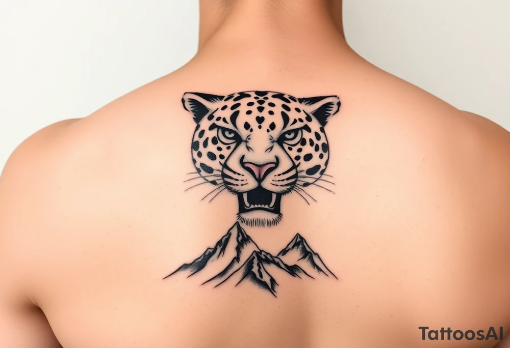 Jaguar face in the arm close to elbow mountains at the bottom close to the wrist tattoo idea