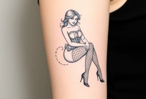 Seated woman, wearing a corset, fishnet tights and stilettos tattoo idea