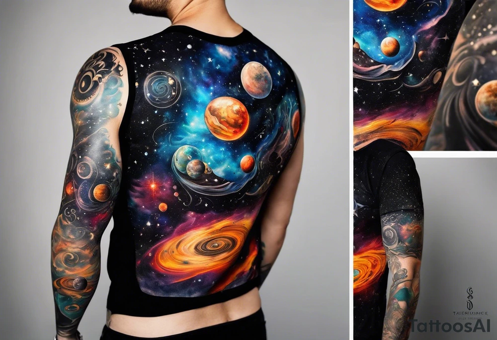 A tattoo featuring a cosmic scene with planets, black holes, and supernovae intertwined with intricate linguistic symbols, reflecting the client's interests in cosmology and linguistics. tattoo idea
