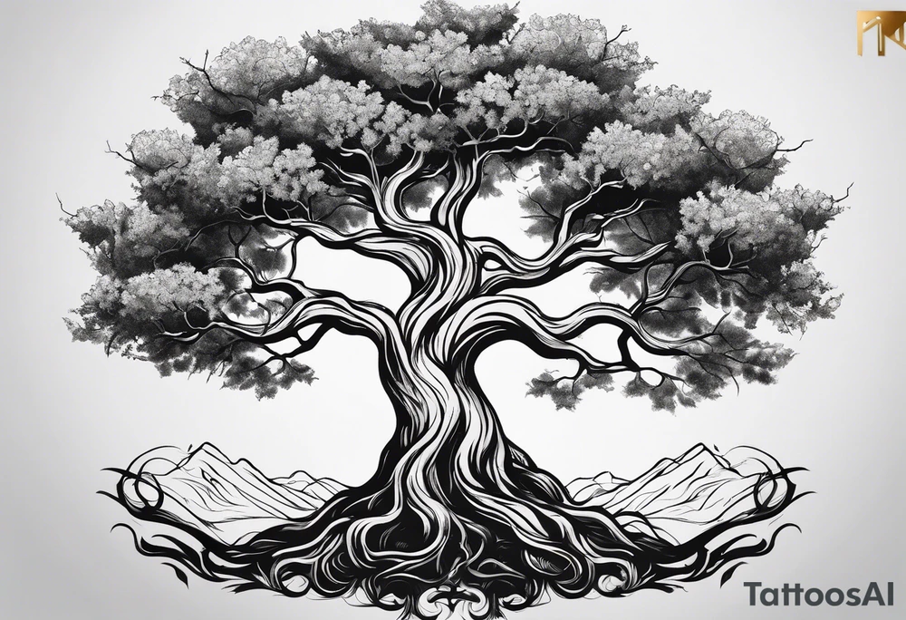 minimalistic Yggdrasil tree with no leaves tattoo idea