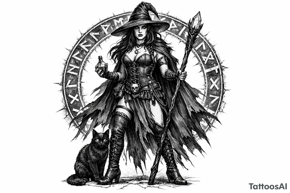 Full body illustration of a witch with a cat, surrounded by a circle of glowing runes. tattoo idea