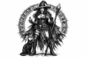 Full body illustration of a witch with a cat, surrounded by a circle of glowing runes. tattoo idea