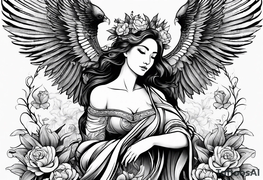 Sleeve with blind Themis and Phoenix with flowers tattoo idea