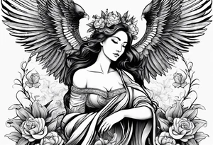 Sleeve with blind Themis and Phoenix with flowers tattoo idea
