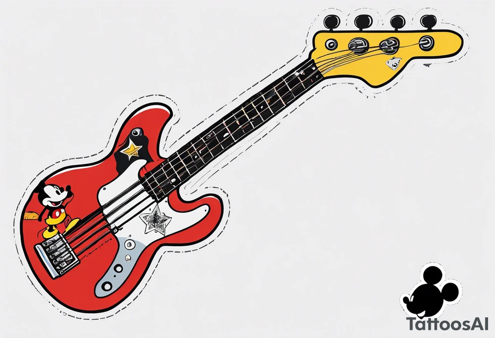 Tattoo full left arm with a collage of a bass guitar, mickey mouse symbol, a medicine caduceus, two stars tattoo idea