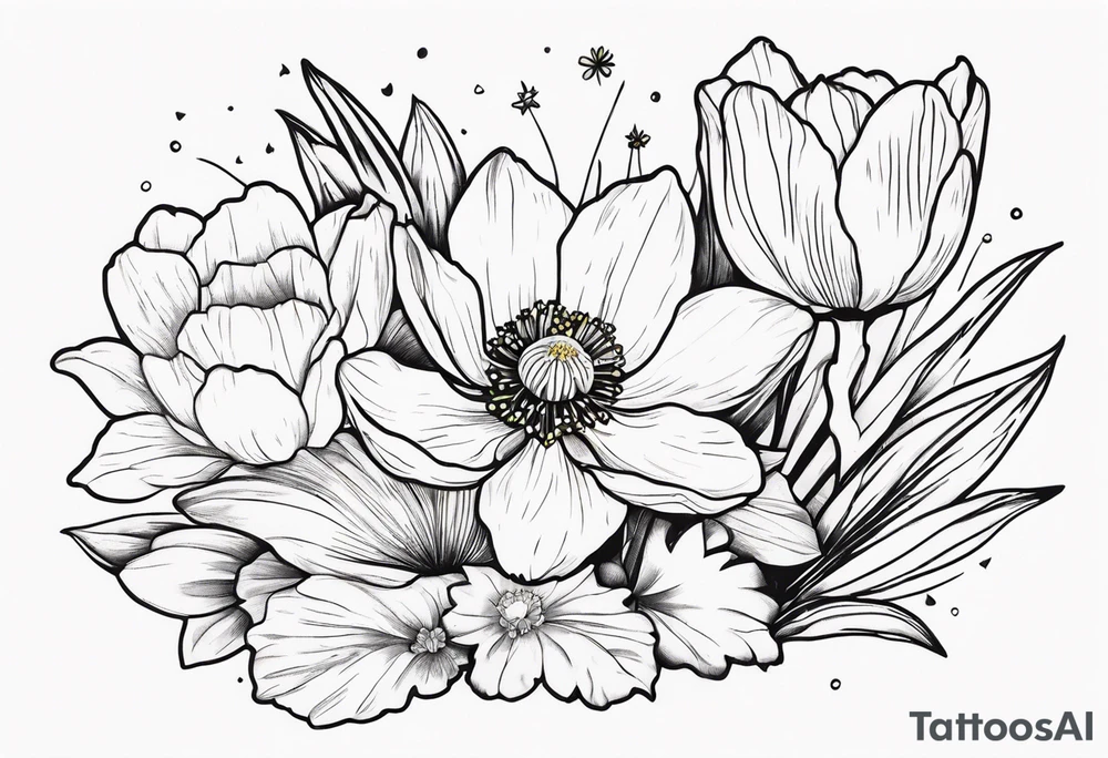 Poppy, water Lilly, Lilly of the valley, daffodil, cosmos bouquet tattoo idea