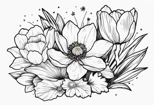 Poppy, water Lilly, Lilly of the valley, daffodil, cosmos bouquet tattoo idea