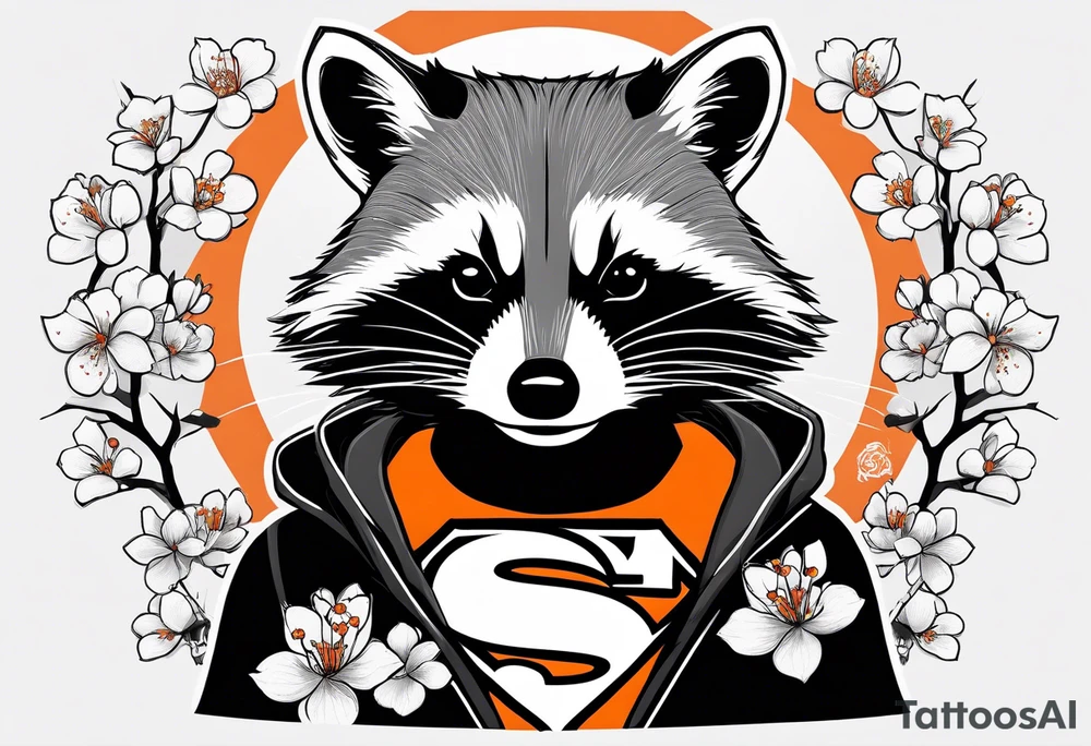 Raccoon wearing a white Superman logo on a black hoodie and orange Japanese cherry blossoms beside tattoo idea