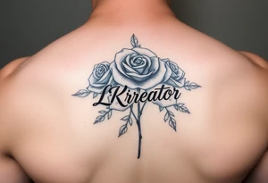 Rose tattoo and in the middle of roses say “Le KréAtor” in script tattoo idea