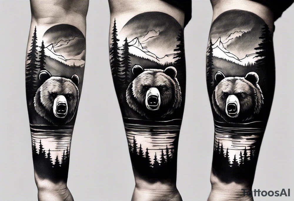 bear head right above the forest line with a lake below, full arm sleeve tattoo tattoo idea