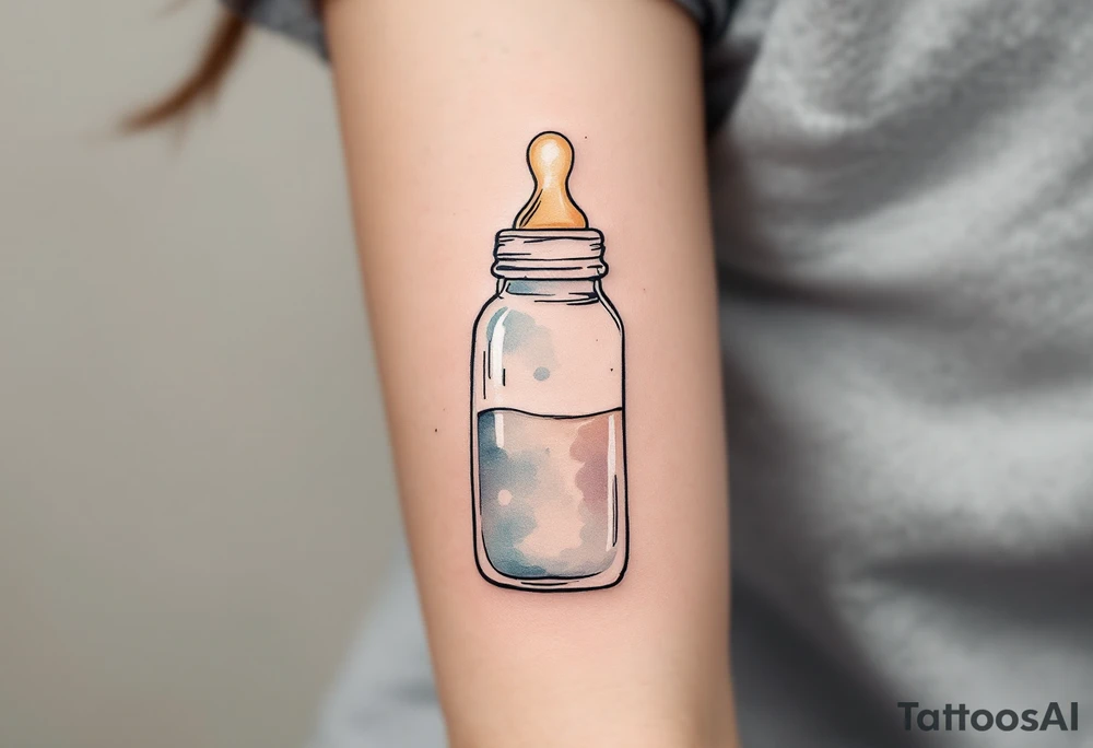 A baby bottle with pacifier outlined in soft pastel tones conveys the gentle and devoted care of early motherhood. tattoo idea