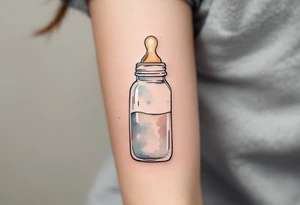 A baby bottle with pacifier outlined in soft pastel tones conveys the gentle and devoted care of early motherhood. tattoo idea
