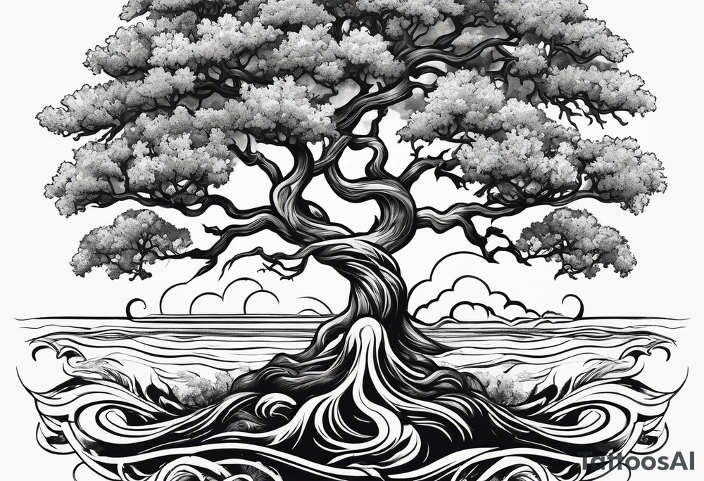 oak tree with phoenix  and roots growing around calming waves for forearm tattoo idea
