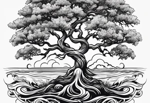 oak tree with phoenix  and roots growing around calming waves for forearm tattoo idea