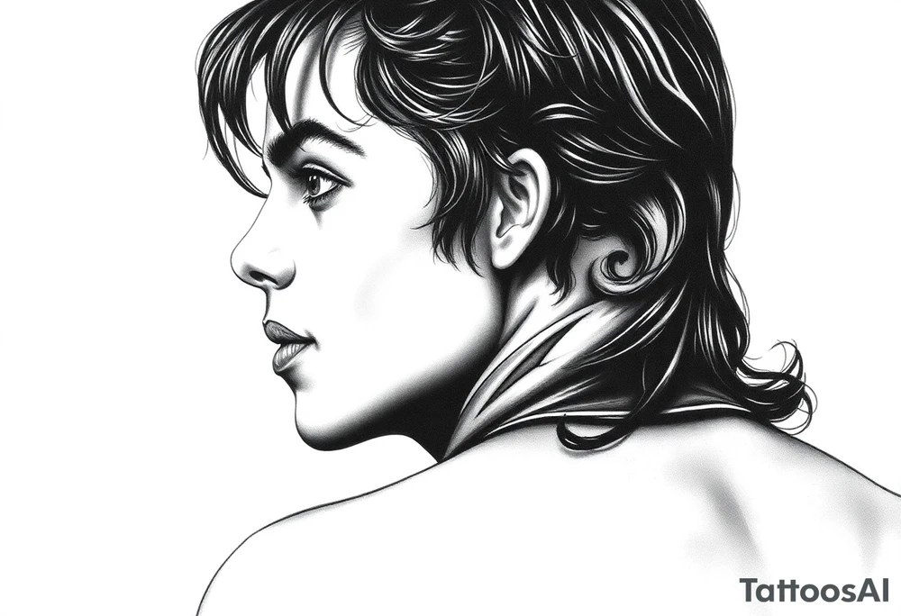 A photorealistic black and grey tattoo design of Michael Jackson's face, realism style, capturing the Bad and Dangerous era, perfect shading, studio lighting, detailed hair and clothing textures, designed for an upper arm placement, isolated on a white background tattoo idea