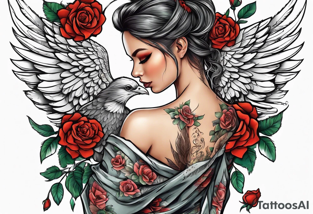 Beautiful angle standing from head to toe with wings and tattoos surrounded by roses holding a ak 47 tattoo idea