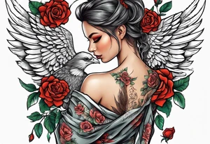 Beautiful angle standing from head to toe with wings and tattoos surrounded by roses holding a ak 47 tattoo idea