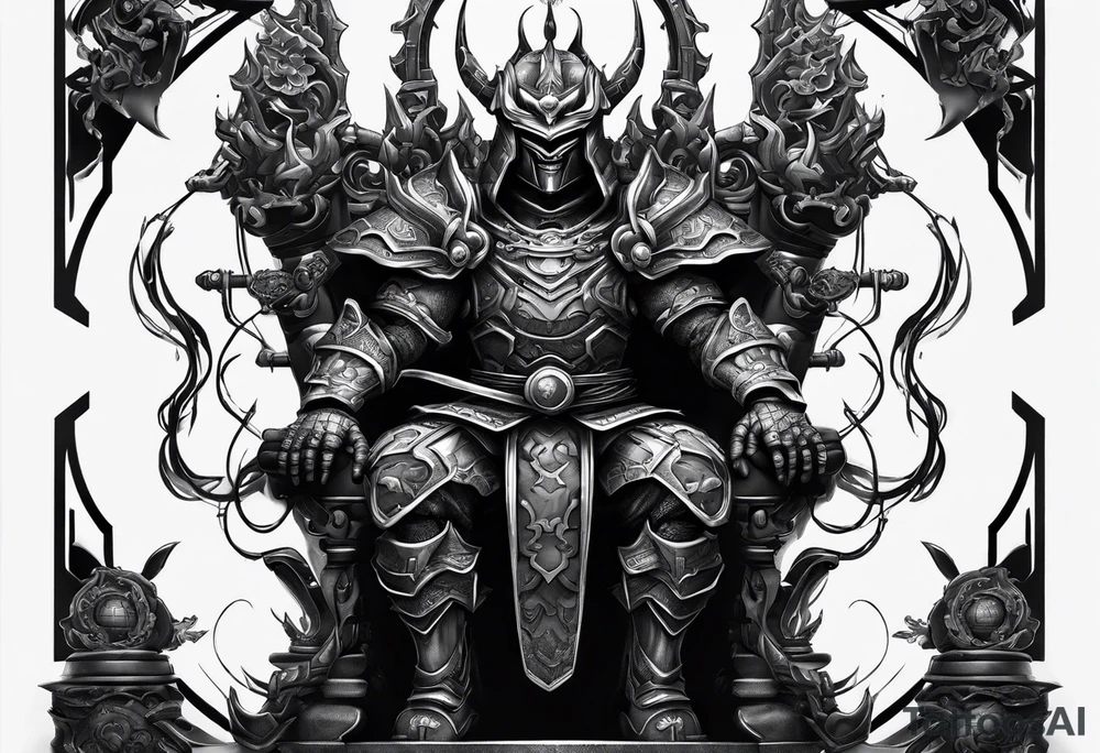 Angry robot demon ninja sitting on his throne tattoo idea