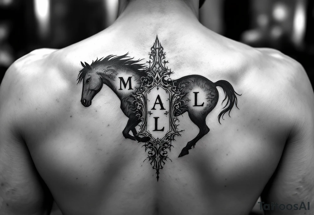 horse silhouette 
from the front
with 3 littles letters M, A, L tattoo idea