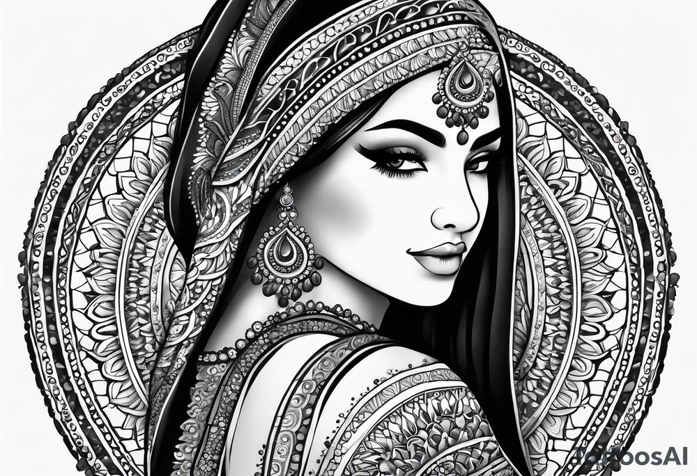 Full arm mandala henna female tattoo design with mushroom henna at shoulder tattoo idea