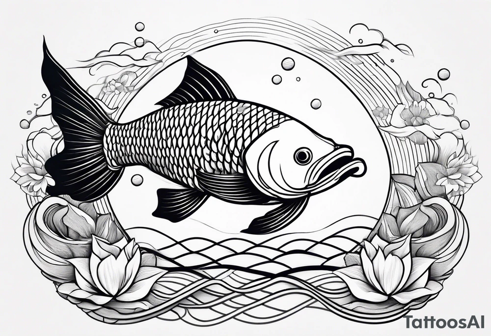 Arowana fish in waves with lotus tattoo idea
