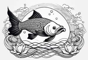 Arowana fish in waves with lotus tattoo idea