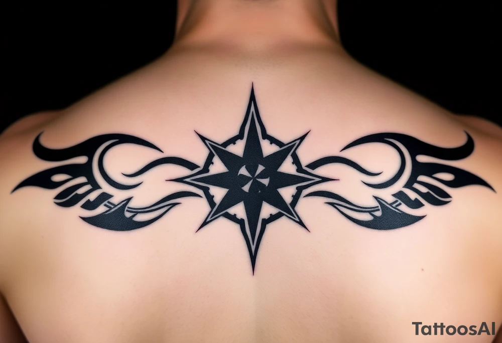 A sharp edged rip curl wave inside of an elongated diamond infront of a compass rose tattoo idea