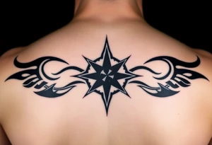 A sharp edged rip curl wave inside of an elongated diamond infront of a compass rose tattoo idea