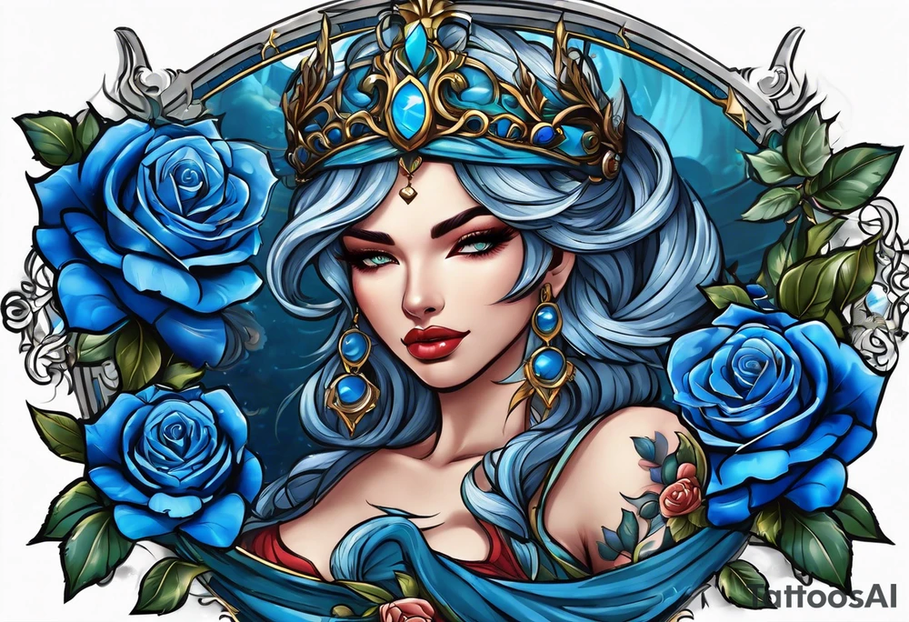 Justicia Goddess Tattoo  frame blue roses, With scales and a sword, blindfolded. tattoo idea
