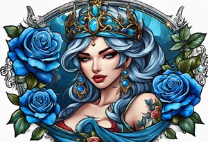 Justicia Goddess Tattoo  frame blue roses, With scales and a sword, blindfolded. tattoo idea