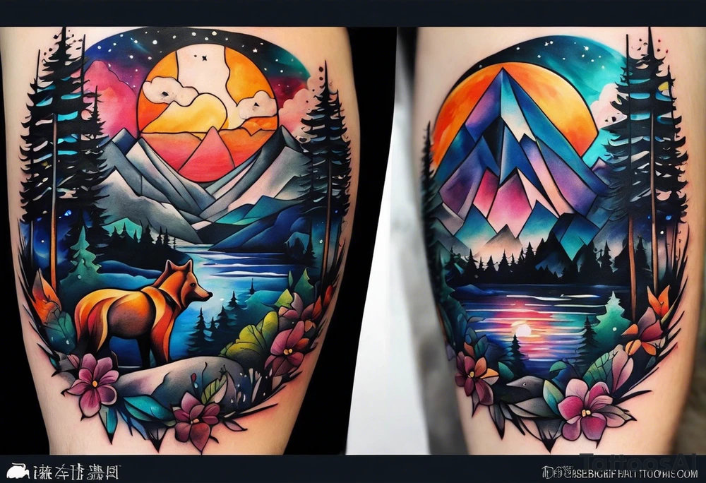 Create a sleeve tattoo from shoulder to wrist. The design should include space, stars, forest, sunset, mountains, cliffs, waterfall, water, ocean, wild animals (bear, wolves, elephant), and inserts of triangles and geometric figures. I have two children – a son, Sergei (the eldest), and a daughter, Anna, who live with me and my wife. But I also have another daughter, Marianna, whom I haven't seen for a long time and eagerly await to meet. The tattoo should symbolize love and protection for my children and family, the desire to secure their future, and confidence in tomorrow. It should reflect the notion of not looking back, but always moving forward and achieving goals! tattoo idea