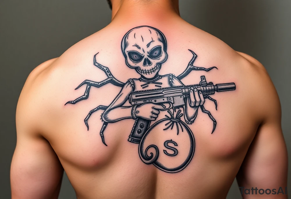 Scary Evil voodoo doll with a glock with a extended magazine and money bag full of money tattoo idea