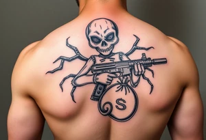 Scary Evil voodoo doll with a glock with a extended magazine and money bag full of money tattoo idea