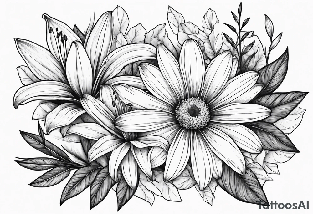 Large daisy flower and large lily flower together with leaves around them no stem tattoo idea