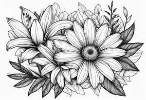 Large daisy flower and large lily flower together with leaves around them no stem tattoo idea