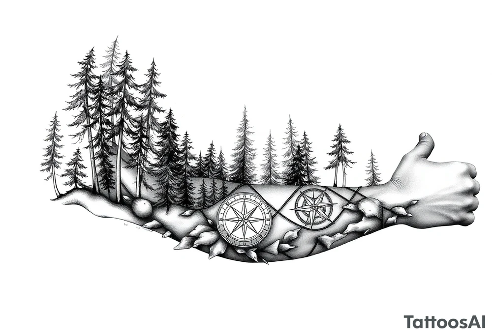 Forest landscape with three compasses tattoo idea