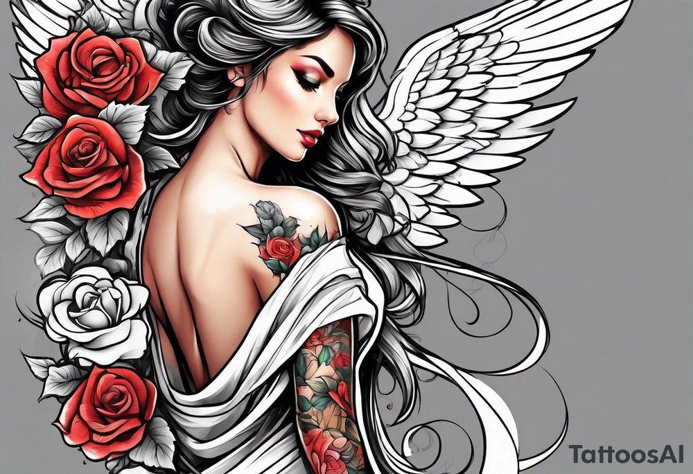 Beautiful woman angle with wings standing surrounded by roses tattoo idea